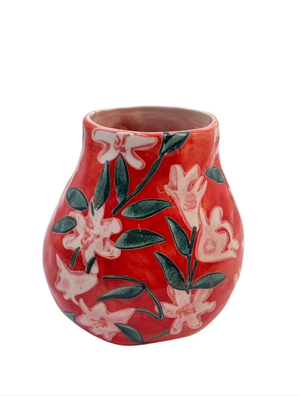 Anthropologie Leah Reena Goren Orange Floral Ceramic Vase Hand Painted Style